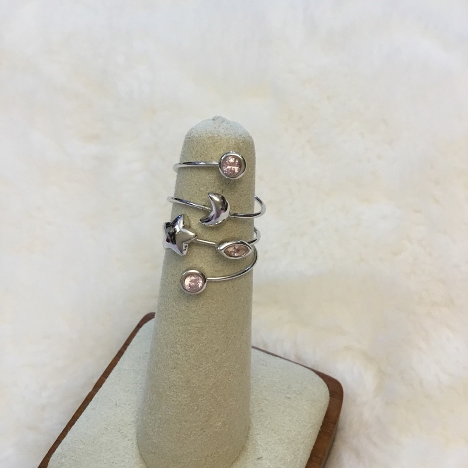 Silver Star, Moon & Pink Crystals Ring